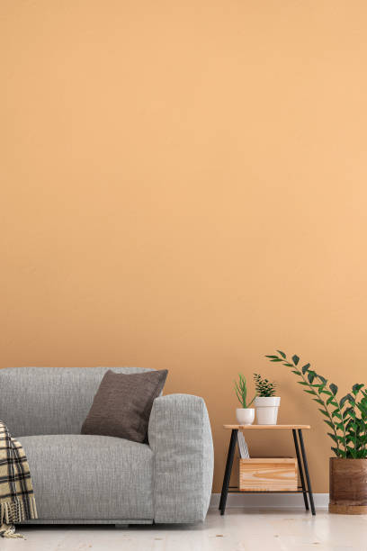 istock Empty living room with gray sofa, table and decoration 1214568270