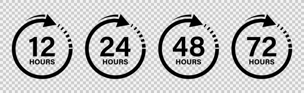 часы работы 12, 24, 48 и 72 часа со стрелкой, эффект рабочего времени. изолированный фон, вектор - open time clock 24 hrs stock illustrations