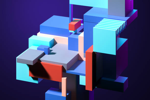 istock Modern Showcase on Multicolored Colorful Foursquare Figures. Empty Space. Copy Space. 3d rendering. 1214570713