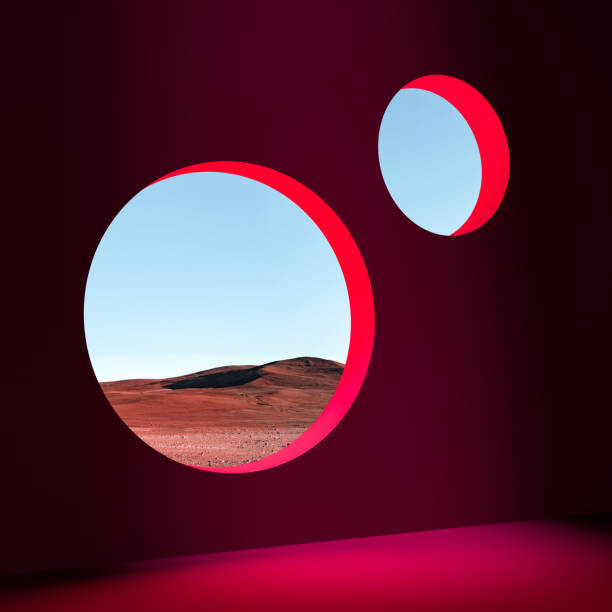 istock Pink Room With Round Windows With Beautiful View to Desert, Wilderness and Sands. 3d rendering 1214571264