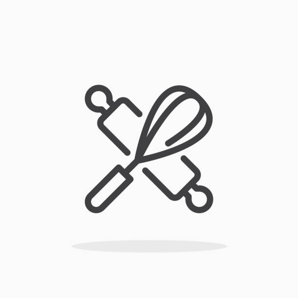 Rolling pin and whisk icon in line style. Rolling pin and whisk icon in line style. For your design, logo. Vector illustration. Editable Stroke. wire whisk stock illustrations