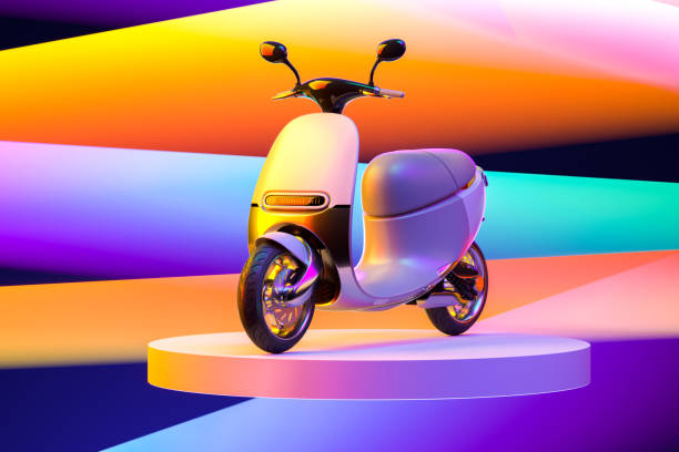istock White Electric Scooter Or Moped On Multicolored Background And Pink Showcase. Eco Alternative Transport. 3d rendering 1214571991