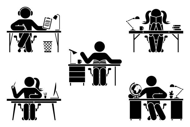 stick figur mann und frau studieren, lernen lektion in der schule, home-office, bibliothek vektor-illustration-set. stickman student handschreiben, musik hören, lesen, sitzen am schreibtisch piktogramm auf weiß - teaching music learning sign stock-grafiken, -clipart, -cartoons und -symbole