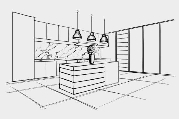 Interior sketch of modern kitchen with island. vector art illustration