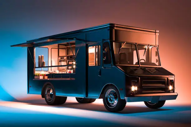 Black Food Truck With Detailed Interior Isolated on Illuminated Background. Cozy Interior With Warm Light. Takeaway food and drinks. 3d rendering.