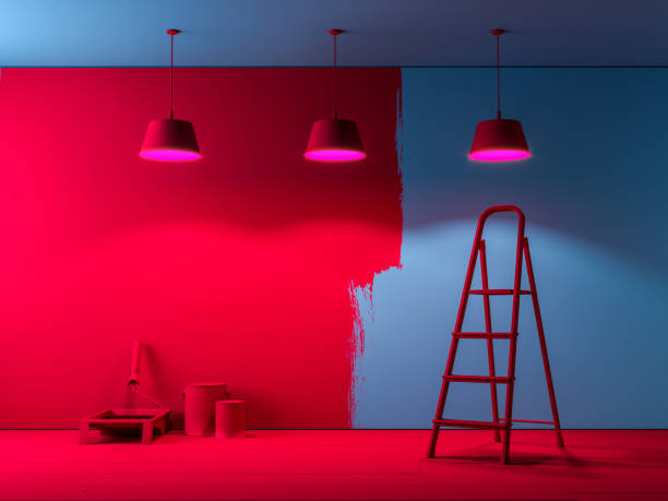 istock Reparation of Home: Painting The Wall in Red Bright Color. Ladder, Brushes, Paddle Roller, Paint Cans, 3d Rendering 1214572757