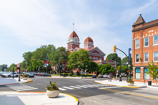 Crown Point, Indiana, USA - July 27, 2019: The Crown Point Courthouse Square Historic District, is listed in The National Register of Historic Places