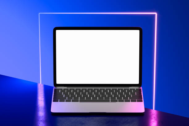 istock Laptop With Blank Screen On Neon Frame Background. Device Illuminated by Pink Neon Light. 3d rendering. 1214574657