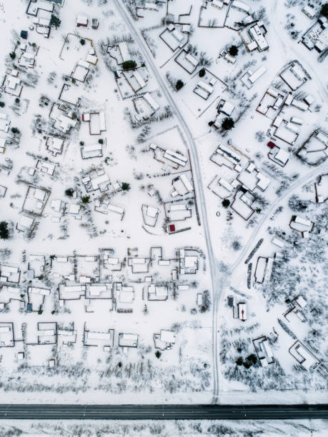 istock Aireal of trailer park, mobile home during winter. 1214574764