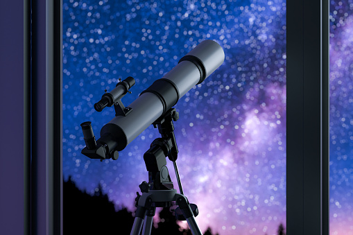 Modern Astronomy Telescope Near Window With View On Beautiful Night Blue And Violet Sky With Bright Stars. 3d Rendering