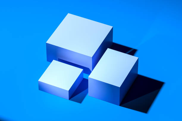 istock Blue Blank Foursquare Showcases with Empty Space on Blue Background. 3d rendering. Minimalism Concept 1214575426