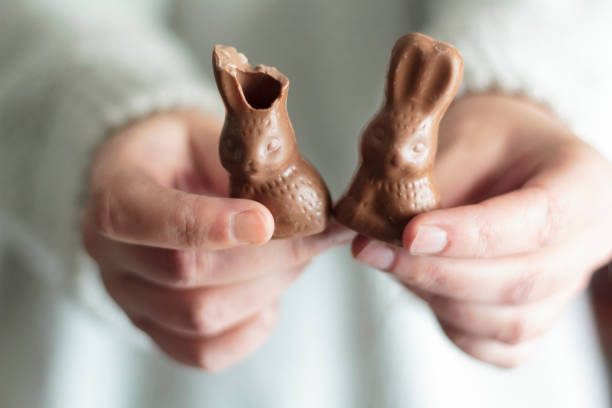 Chocolate Easter Bunny on blue background pattern, flat lay, top view