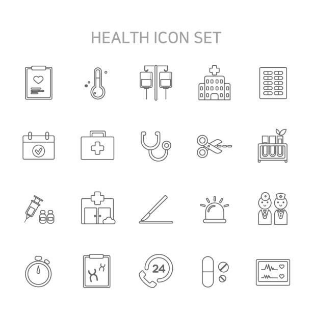 Vector illustration of thin line icons for medical, hospital, hospital icon, medical icon, health icon, chart, checkup, thermometer, temperature, sap, ringer. Vector illustration doctors bag stock illustrations