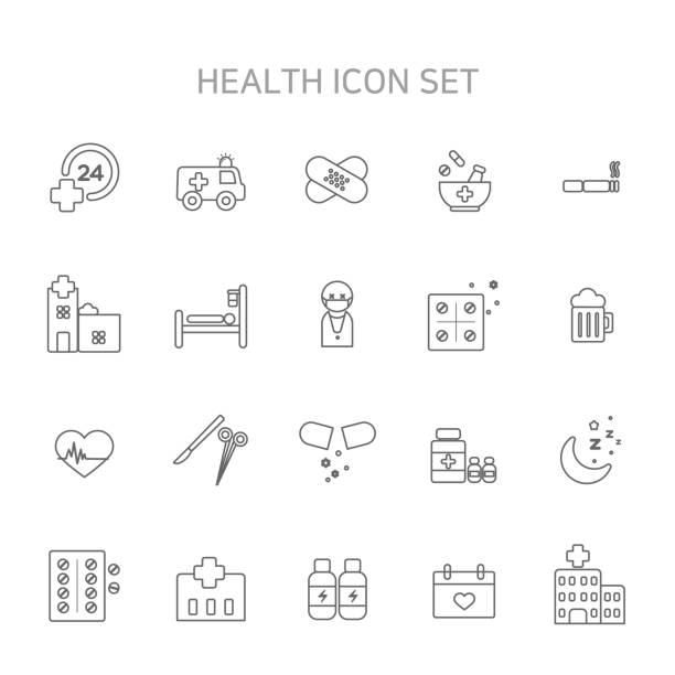 Vector illustration of thin line icons for health, medical, hospital, hospital icons, medical icons, health icons, Emergency, emergency telephone, emergency room, ambulance, wound. Vector illustration ringer stock illustrations