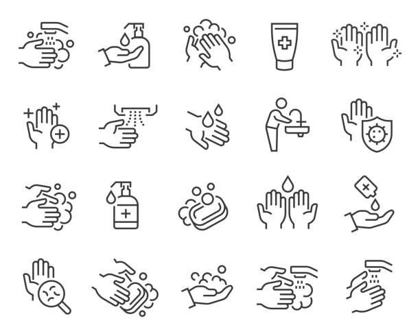 Washing Hands and Hygiene icons set. Editable vector stroke Washing Hands and Hygiene icons set. Collection of linear simple web icons such as antiseptic, hand hygiene, hydration, rinse, soap and other. Editable vector stroke. washing stock illustrations