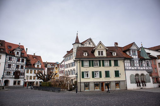 St.Gallen / Switzerland - february 13 2020: Old historical buildings on main square in St Gallen, town in Switzerland