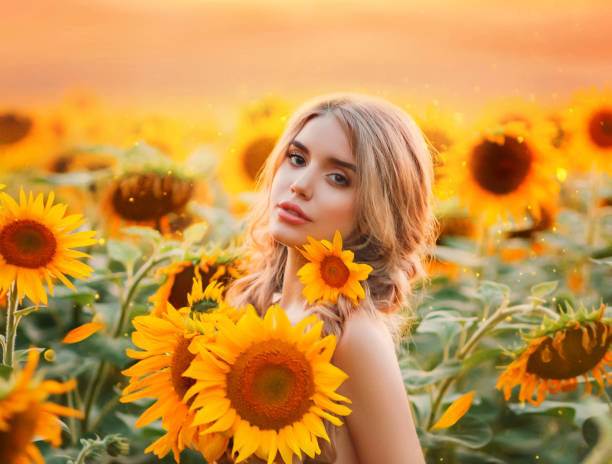 A young blonde woman stands in a field with blooming sunflowers and hugs a bouquet of flowers. Field mermaid at dawn. Background yellow field and fiery sunset. Photo with the addition of grain. A young blonde woman stands in a field with blooming sunflowers and hugs a bouquet of flowers. Field mermaid at dawn. Background yellow field and fiery sunset. Photo with the addition of grain. goddess photos stock pictures, royalty-free photos & images