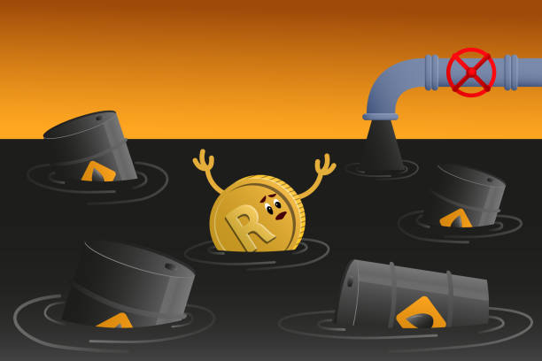 rand sinks in petroleum. Coin with rand sign and Barrel of oil in spilled oil. Banner of Oil Crisis Concept. vector art illustration