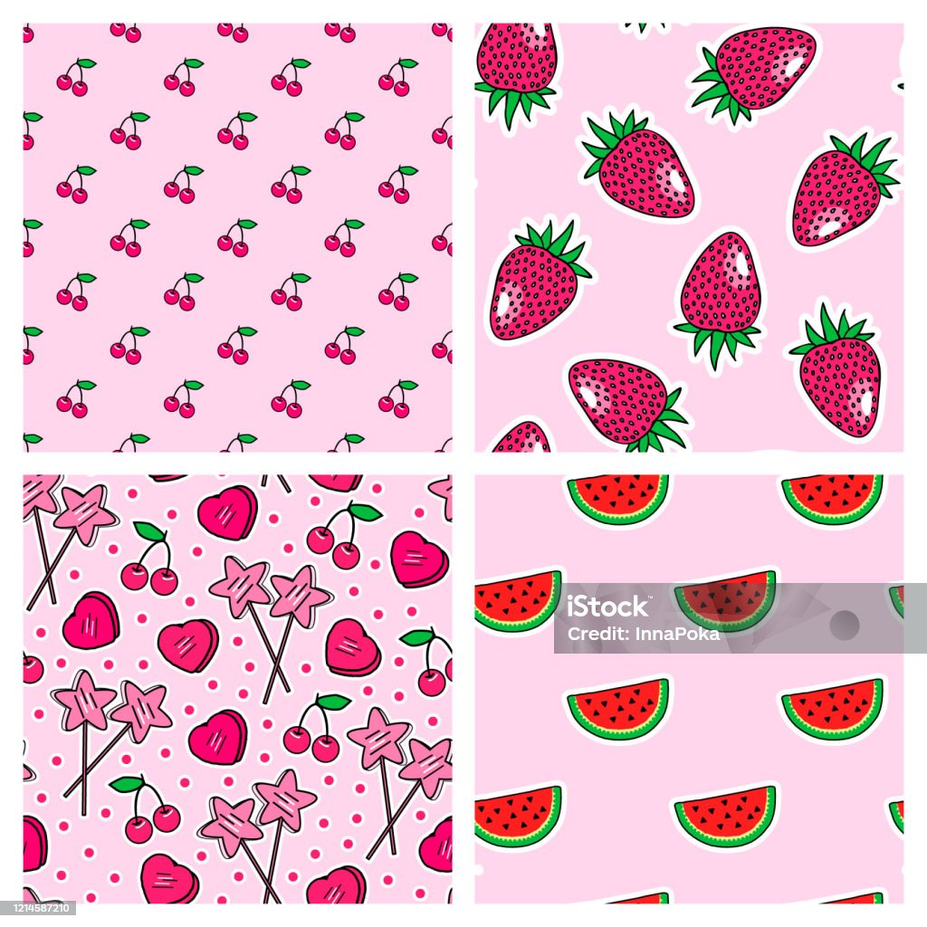 Bộ 4 Hoa Văn Liền Mạch Nữ Tính Với Kẹo Mút Dâu Tây Lát Dưa Hấu ...