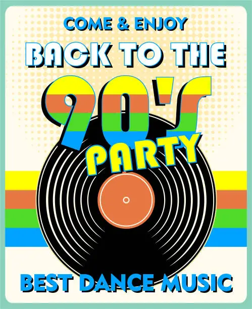 Vector illustration of Retro 90's Music Party and Vintage Vinyl Records Poster in Retro Design Style. Disco Party 90's.