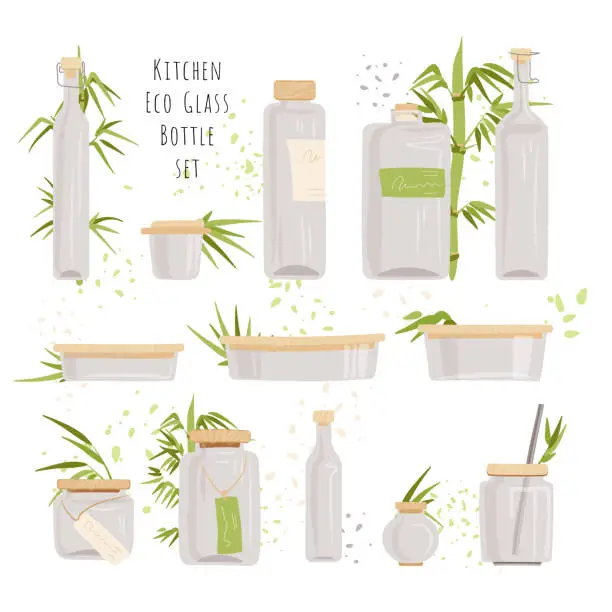 Vector illustration of Vector Set of glass Rectangular Glass Containers - Food Storage Containers with Eco-Friendly Bamboo Lids, Plastic-free Bottles with Bamboo Tops, small Kitchen Canisters and Jars.
