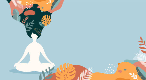 Coping with stress and anxiety using mindfulness, meditation and yoga. Vector background in pastel vintage colors with a woman sitting cross-legged and meditating. Vector illustration Coping with stress and anxiety using mindfulness, meditation and yoga. Vector background in pastel vintage colors with a woman sitting cross-legged and meditating.. Vector illustration spirituality illustrations stock illustrations