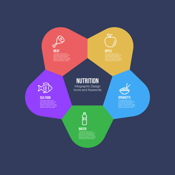 illustrations, cliparts, dessins animés et icônes de modèle de conception d’infographie avec mots-clés et icônes de nutrition - dieting weight scale carbohydrate apple