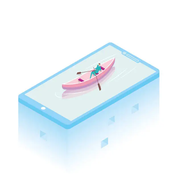 Vector illustration of A businessman is rowing a small wooden boat in a cell phone.