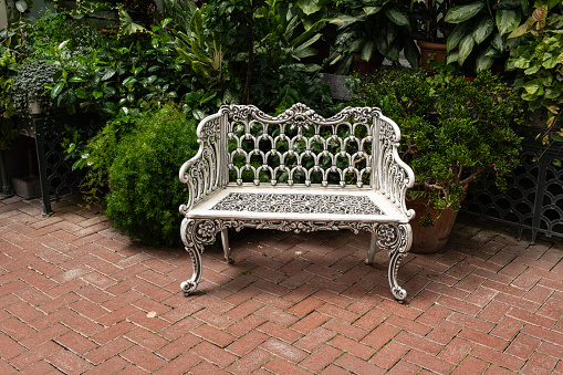 Bench among tropical plants for visitors in the interior of the garden conservatory at Biltmore Estates in Asheville, North Carolina.