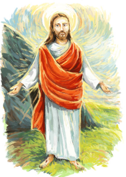 istock calm jesus messiah raising palm of hand in the background - illustration 1214600593