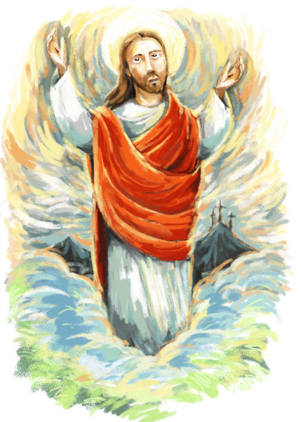 istock calm jesus messiah raising palm of hand in the background - illustration 1214600600