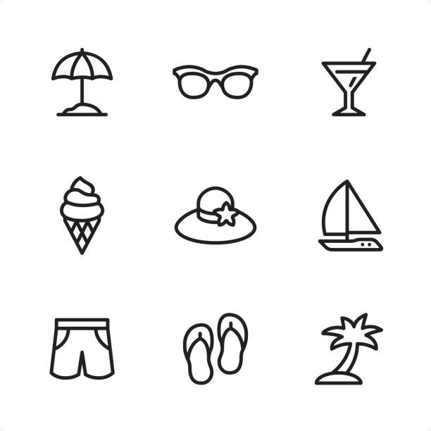 Summer Beach - Single Line icons Summer Beach icons set #81
Specification: 9 icons, 48x48 pх, stroke weight 2 px.
Features: Pixel Perfect, Single line, Black stroke color.

First row of icons contains:
Beach Parasol, Sunglasses, Cocktail;

Second row contains:
Ice Cream Cone, Beach Hat, Sailboat;

Third row contains:
Swimming Trunks, Flip-flop, Palm Tree.

Complete Ninico Black collection - https://www.istockphoto.com/collaboration/boards/_8J4wyhRq0-n06eRHvpGzA flip flop sandal beach isolated stock illustrations