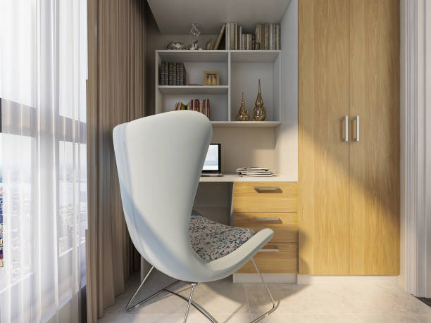 istock 3D rendering, spacious and bright urban residential closed balcony design, green plants with wooden tables and chairs are leisure and comfortable. 1214601467