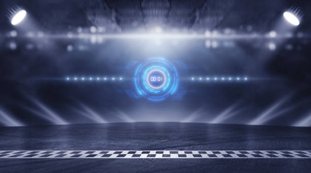 istock 3D Rendering abstract race track finish line racing on night 1214601602