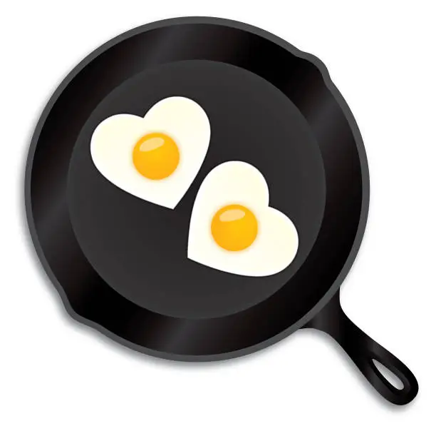 Vector illustration of Heart Shaped Fried Eggs In Iron Skillet