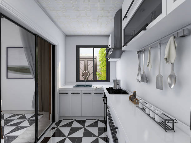 istock 3D rendering,Modern family kitchen design, new cabinets and kitchenware with refrigerators, sunlight from the window. 1214604397