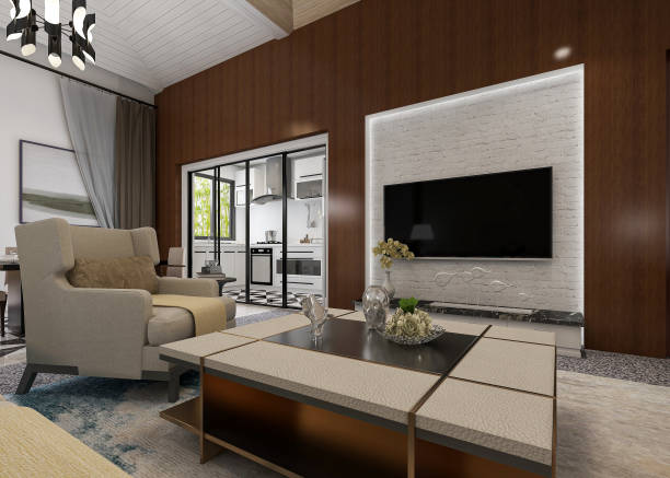 istock 3D rendering, simple modern living room sofa with coffee table, with green plants on the table. 1214604498