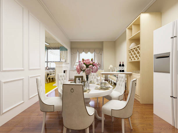 istock 3D rendering, spacious dining room design next to the modern kitchen, with a beautiful dining table and greenery 1214606441