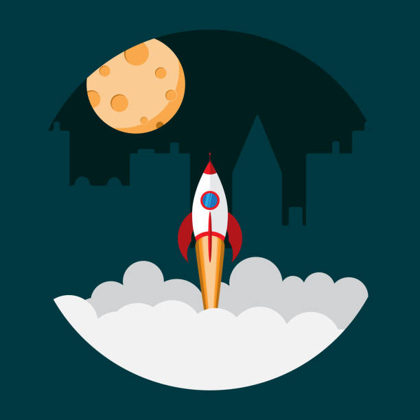 The-launch-of-a-space-rocket Vector illustration of a space rocket launch on a night city background. The illustration is made in flat style. contrail moon on a night sky stock illustrations