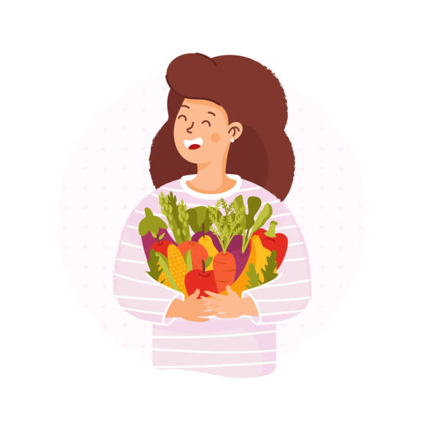 緑豊かなライフスタイル。野菜と果物を持つ幸せな若い女性。ビーガンフード - dieting ideas concepts only young women点のイラスト素材／クリップアート素材／マンガ素材／アイコン素材