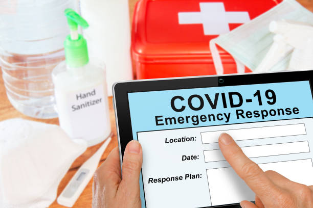 istock Emergency Response kit for Covid19 Coronavirus with mask and sanitizer 1214610811