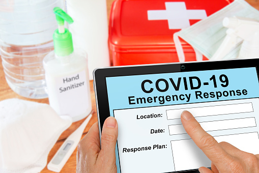 Emergency Response kit for Covid19 Coronavirus with mask and sanitizer self isolation concept