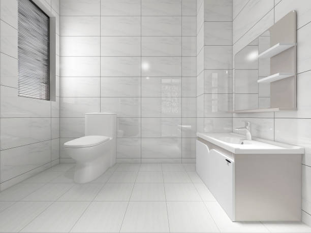 rendu 3d, salle de bains résidentielle moderne propre et conception de toilette, qui est équipé de la poignée de lavage, de toilette et d’équipement de douche, etc. - washstand photos et images de collection