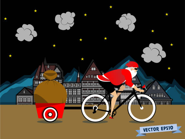 illustrations, cliparts, dessins animés et icônes de vélo de santa claus sur la route de ville - père noel à vélo