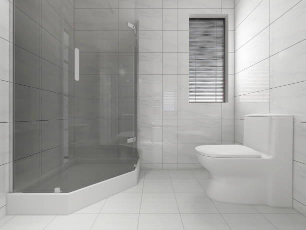 istock 3D rendering,Clean modern residential bathroom and toilet design, which is equipped with washstand, toilet and shower equipment, etc. 1214615059