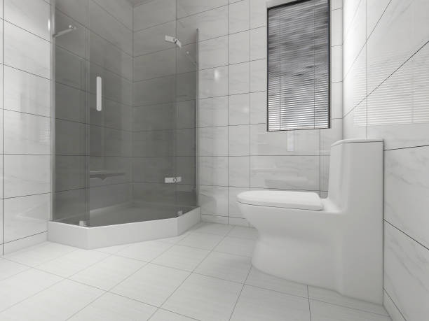 istock 3D rendering,Clean modern residential bathroom and toilet design, which is equipped with washstand, toilet and shower equipment, etc. 1214615074