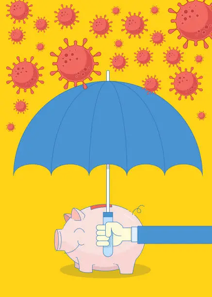 Vector illustration of The businessman held an umbrella to protect his piggy bank from the COVID-19. Saving money concept stock illustration.