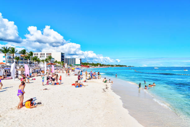 praia lotada cheia na playa del carmen em riviera maya, cancun, méxico. - beach tourist resort mexico tropical climate - fotografias e filmes do acervo