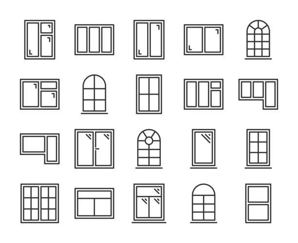 윈도우 아이콘. 윈도우 프레임 라인 아이콘 세트. 벡터 그림입니다. 편집 가능한 스트로크입니다. - door architectural styles architectural feature architecture stock illustrations