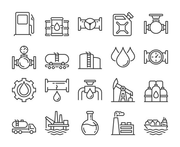 ilustraciones, imágenes clip art, dibujos animados e iconos de stock de iconos de combustible. conjunto de iconos de línea de petróleo y gas. ilustración vectorial. trazo editable. - gasolina
